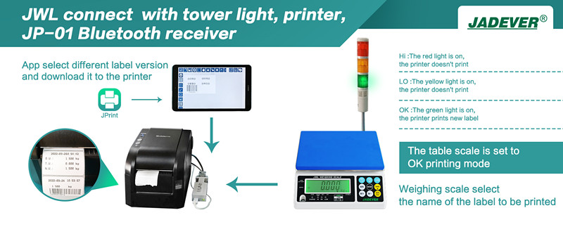 JWL מתחבר עם מדפסת מגדל אור,, ומקלט Bluetooth JP-01 בו זמנית
